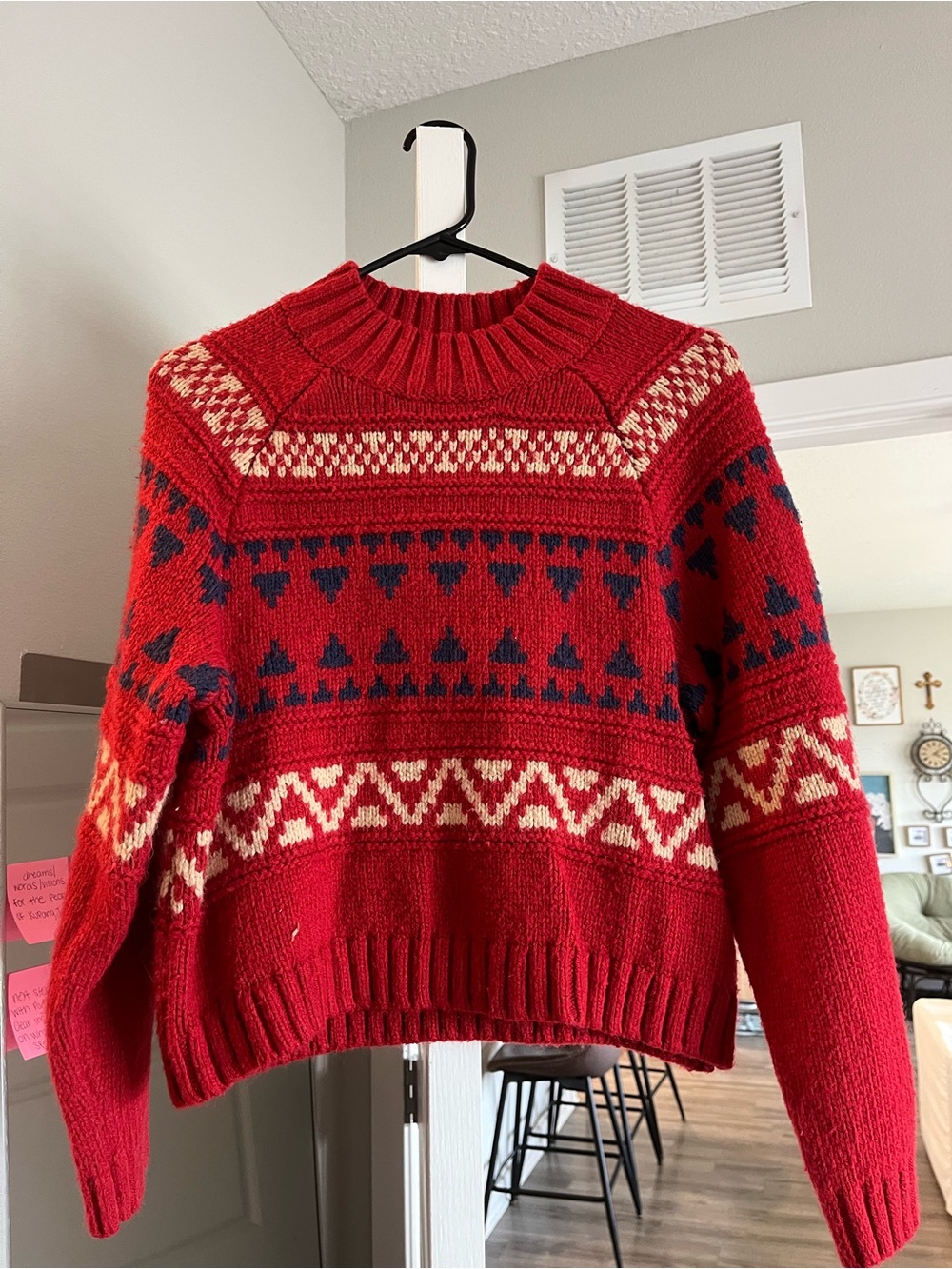 Universal Thread Red Fair Isle Crewneck Sweater with Navy and Cream Accents